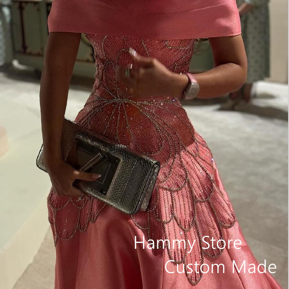 Robe de Soirée en Satin, Personnalisée, Col Bateau, Perles, Ligne A, Style Arabe