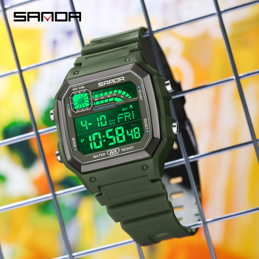 Sanda 6196 eletrônico noite brilho relógio à prova dwaterproof água esportes masculino leve quadrado clássico moda eletrônico rel ó gio mulher