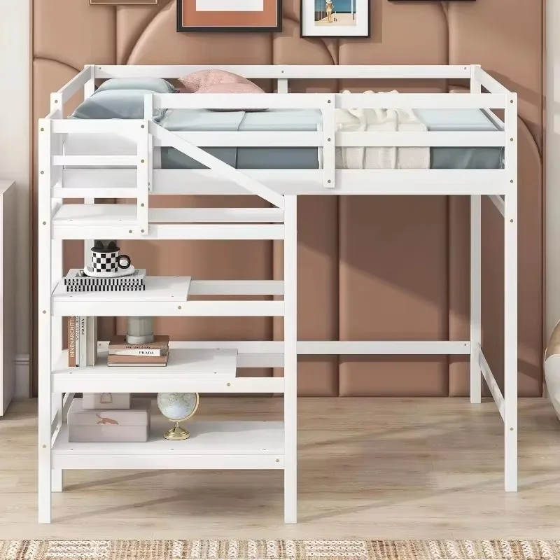 Full Size Loft Bed with Stairs and Hanging Rod, Wooden Full Loft Bed Frame with Storage Shelf (Full, White)