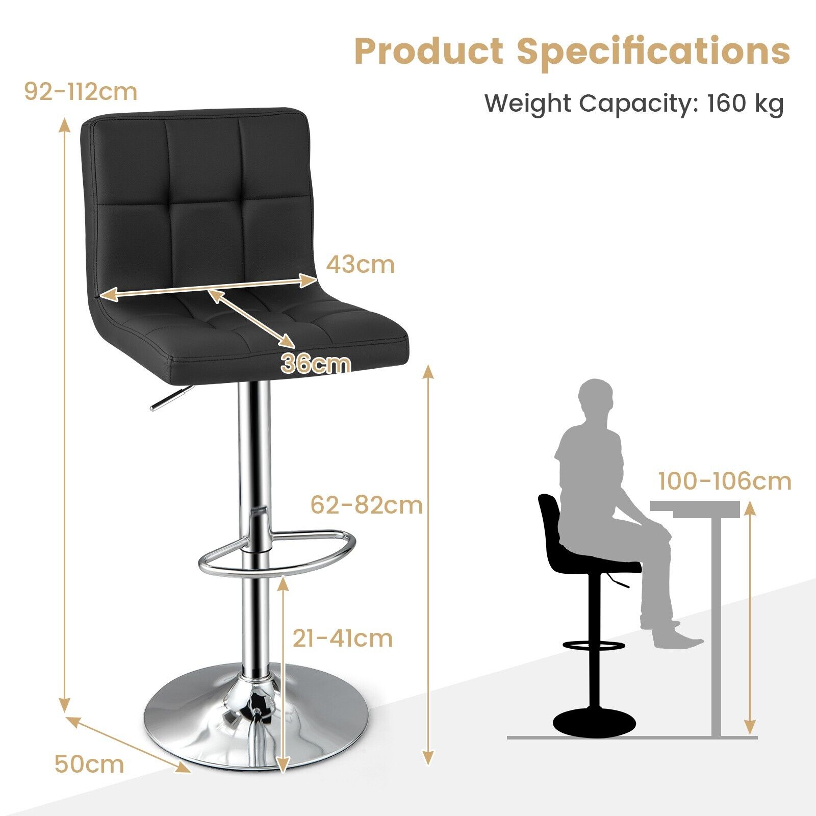 GOFLAME Set of 2 Bar Stool PU Leather Counter Height Chair 360° Swivel Adjustable Height