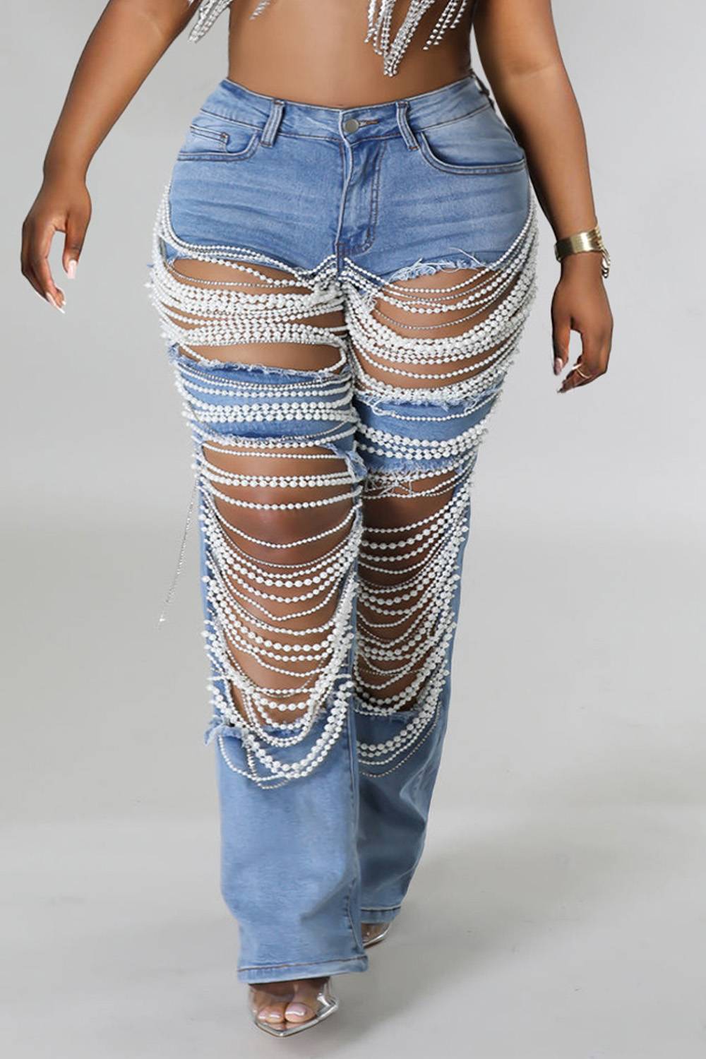 Pantalones vaqueros de talla grande con perlas para mujer, pantalones vaqueros informales Vintage con recortes de cintura alta Y2K, ropa de calle con perlas, pantalones vaqueros ajustados con bolsillos