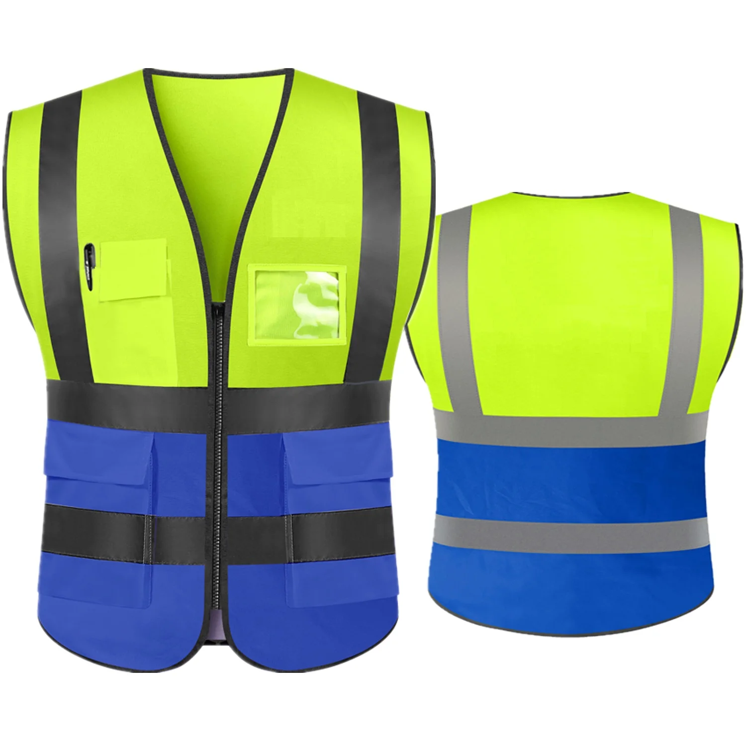 Unisex Summer Safety Vest Security Sleeveless Construction Workwear Zipper With Multi-Pockets For Running Cycling Work