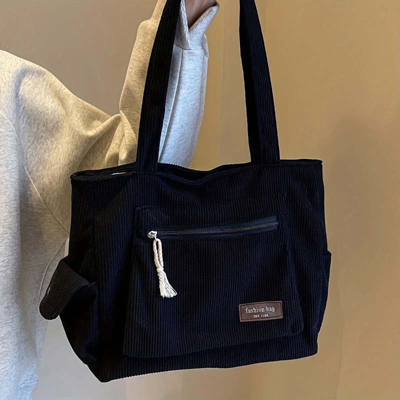 Simple Corduroy Tote Bag, Solid Color Shoulder Bag, Retro Multi Pockets Handbag For School Work Shopping
