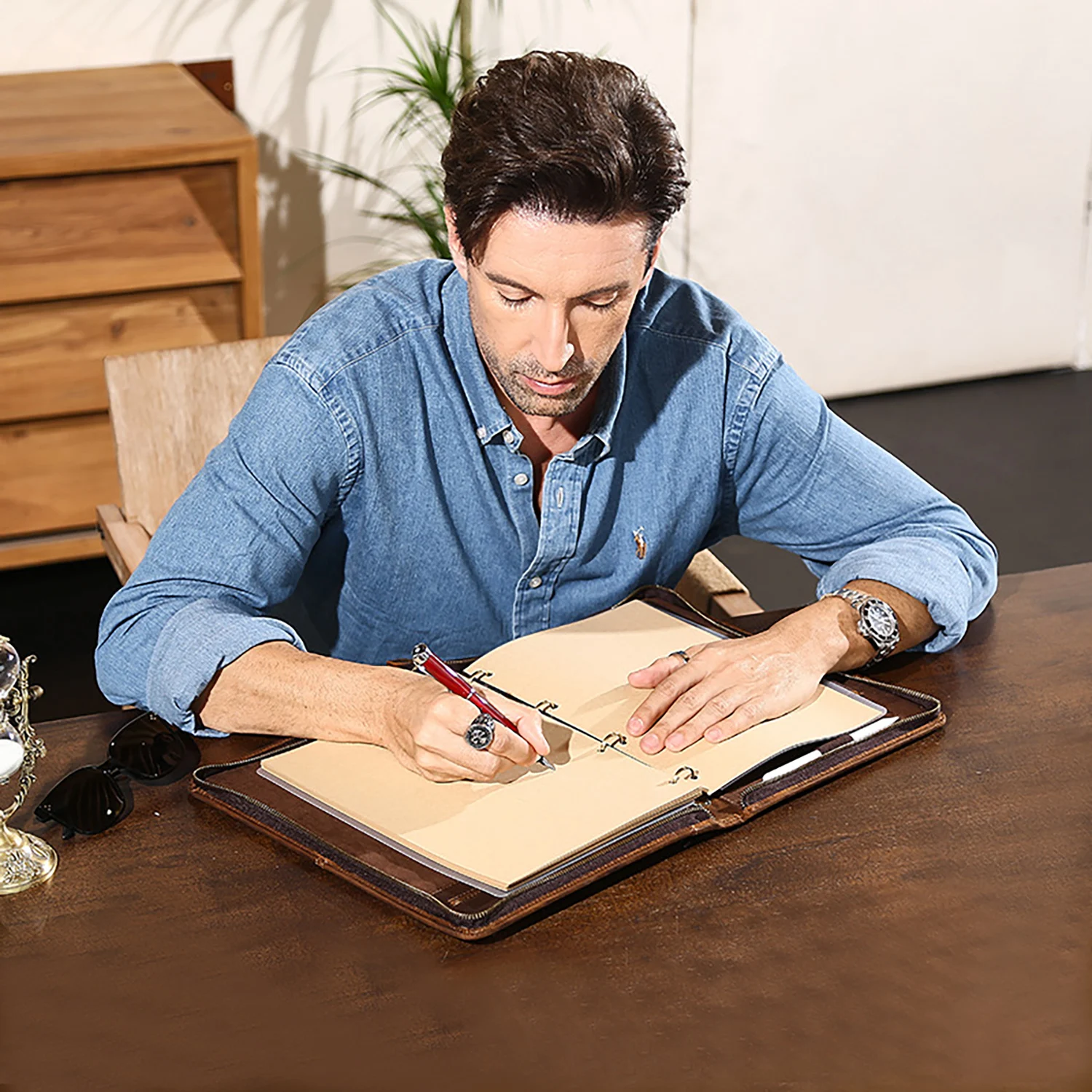 "A4 Notebook Crazy Horse Genuine Leather Cover w/Pen Loop, Fits iPad 11'', Multi-Function 4-Ring Binder, 35x26x3cm 840g"