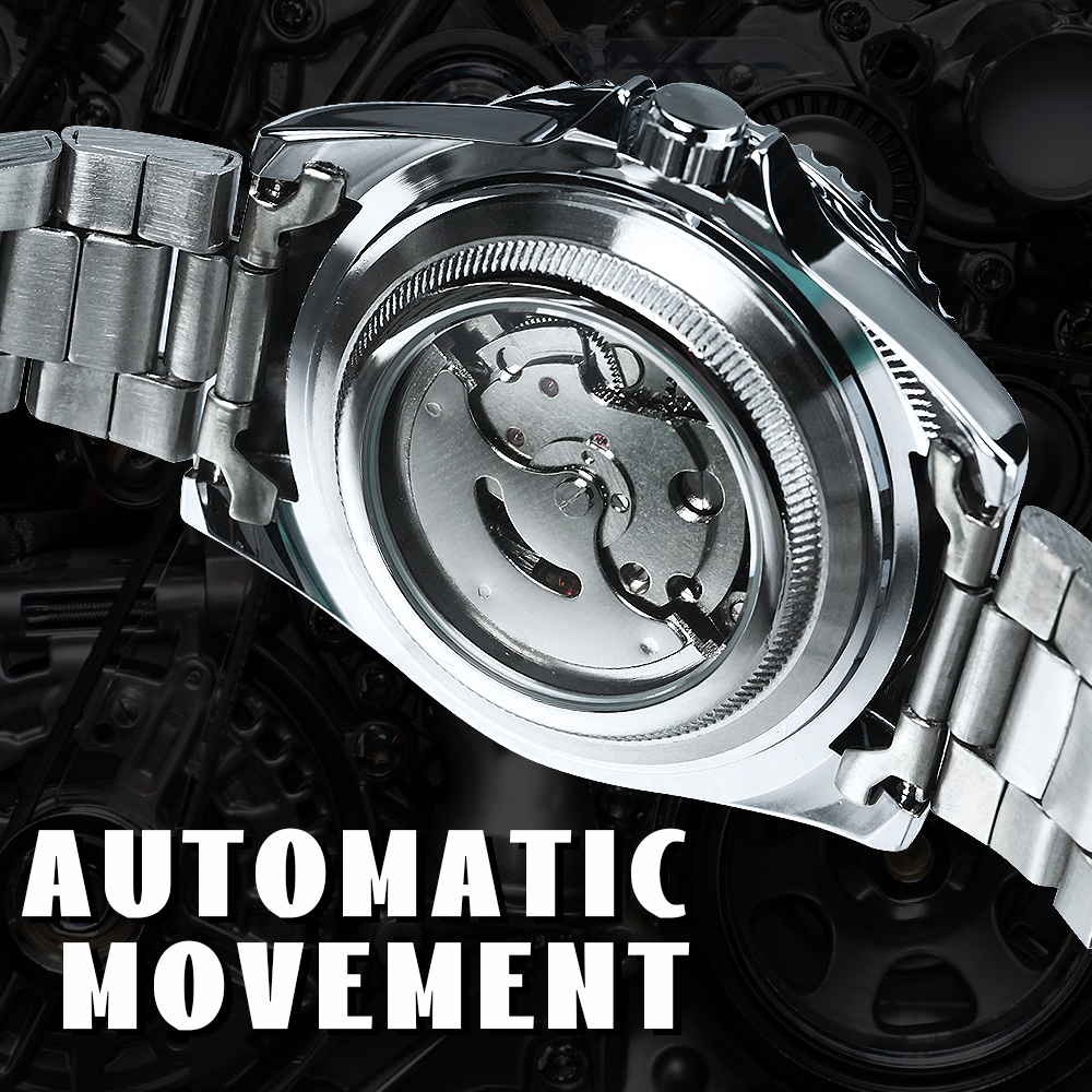 ZWYCIĘZCA Klasyczne zegarki mechaniczne Luksusowa marka Biznesowy automatyczny zegarek dla mężczyzn Obrotowa ramka Luminous Dial Zegar ze stalowym paskiem