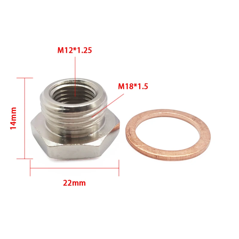 Conector do sensor de escape o2 oxigênio sensor espaçador redutor adaptador m18 x 1.5mm a m12 x 1.25mm com junta cobre