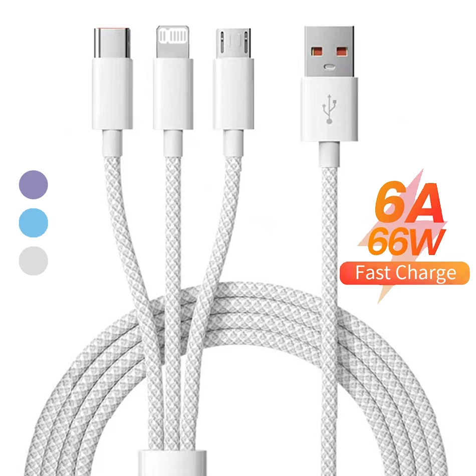 Cavo di ricarica rapido 3 in 1 da 66 W Cavo dati Micro USB tipo C 6A per Xiaomi Cavo treccia in nylon per caricabatterie super veloce 1.2M/2M/3M