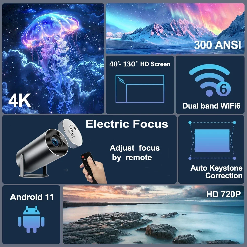 2024 new HY300 Pro plus Projector 4k Android 1280*720P Dual Wifi  Video  Portable Outdoor home hd led proyector cine en casa pro