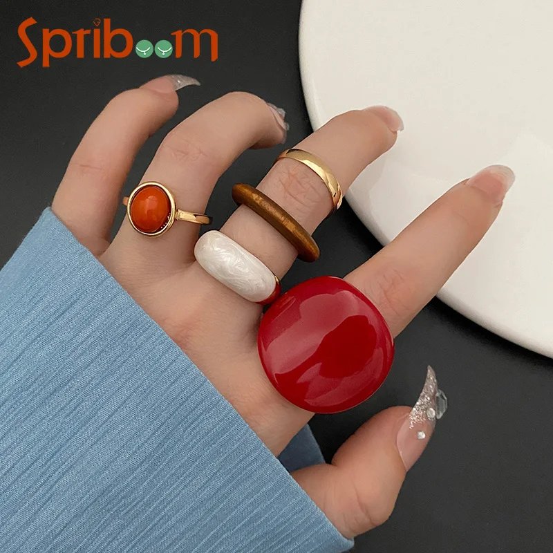 Conjunto de anillos Retro para mujer, anillo de resina rojo, verde, Color dorado, mariposa rosa, flor, esmalte, joyería, estrella, serpiente, accesorios geométricos