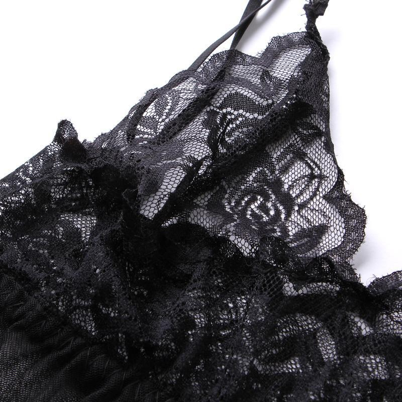 Clearance_European and American Lingerie Lace Hem Mesh Irregular See-through Front Slit Suspender Nightdress Suit_Continuous upd