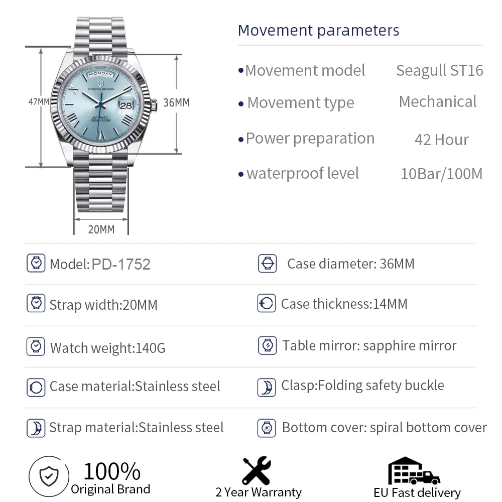Pagani Design Week Kalender Typ Luxus Herrenuhr 100M wasserdicht AR Saphir mechanische Uhr ST16 Edelstahl Herrenuhren