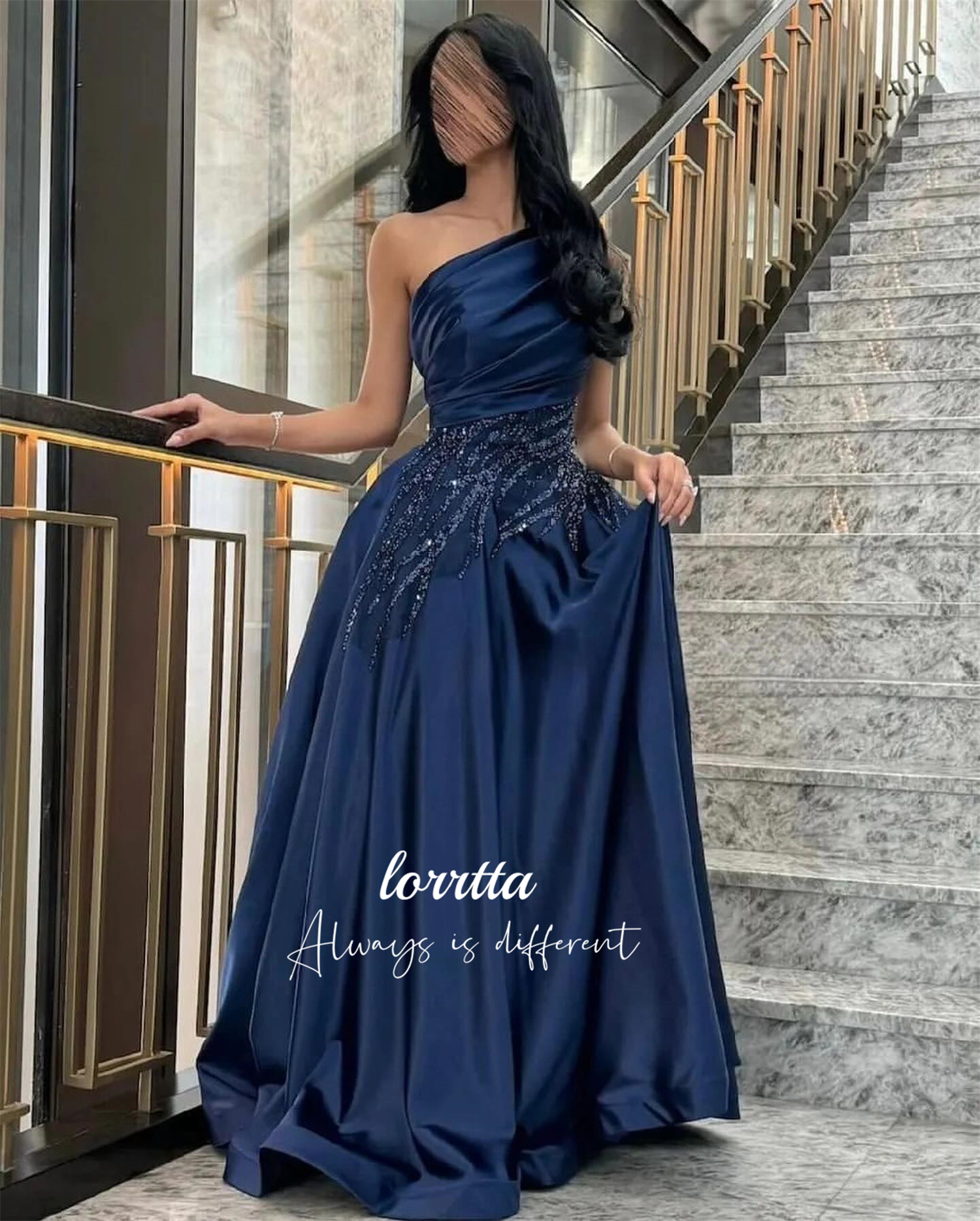 Luxe vrouw dames avondjurk donkerblauw satijn glitter trim lijn een afstuderen jurken feest elegant prom bruiloft aangepast