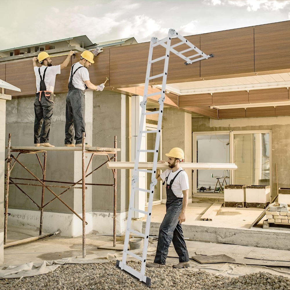 Échelle multi-usages en aluminium 470 cm Échelle pliante multifonctionnelle 4 x 4 m avec 2 plaques d'échafaudage et 2 roues, 12 marches, 7