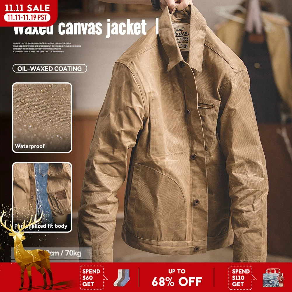 Maden vintage masculino lona jaquetas de cera de óleo cáqui multi-bolso lapela gola único breasted jaqueta blusão para outwear masculino