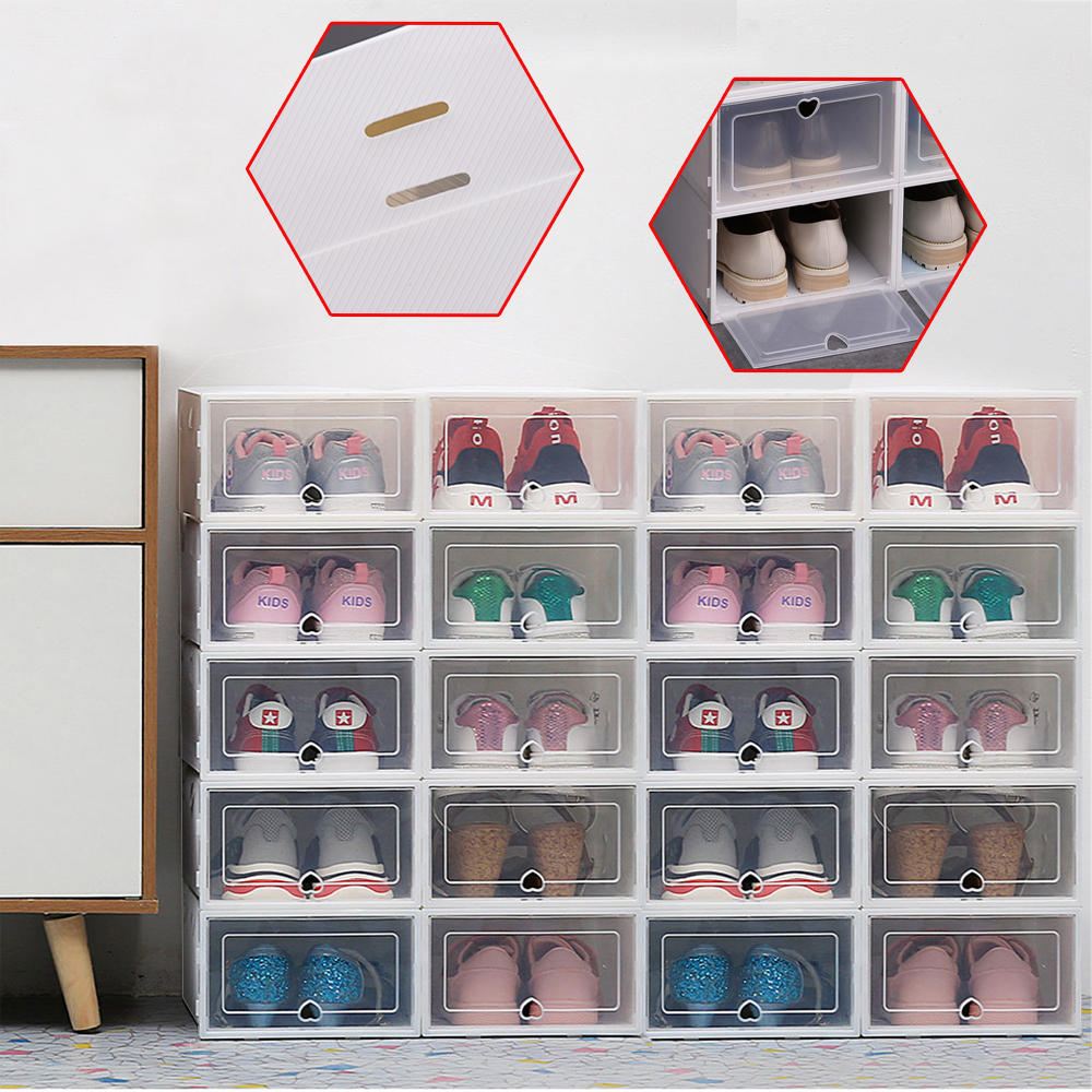 Pack of 20 Shoe Boxes Stackable Foldable Transparent Plastic Container Shoe Box with Lid White Shoe Organizer with Drawer