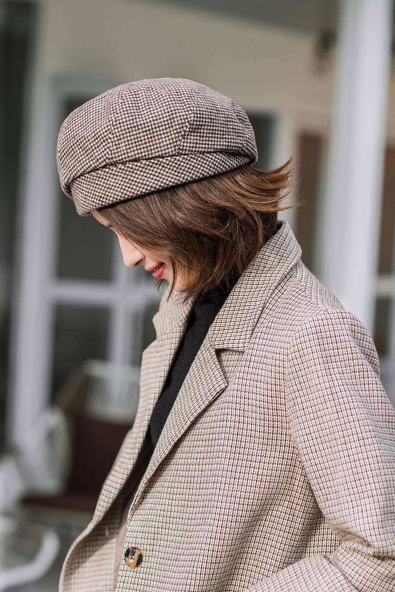 Prosty damski wełniany beret dla eleganckich damskich zimowych damskich bawełnianych czapek w kratę Vintage ośmiokątna codzienna jesienna czapka