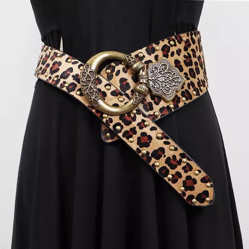 Fajas de leopardo de cuero PU Vintage para mujer, corsés para vestido femenino, cinturones de pretina, cinturón ancho de decoración R1894