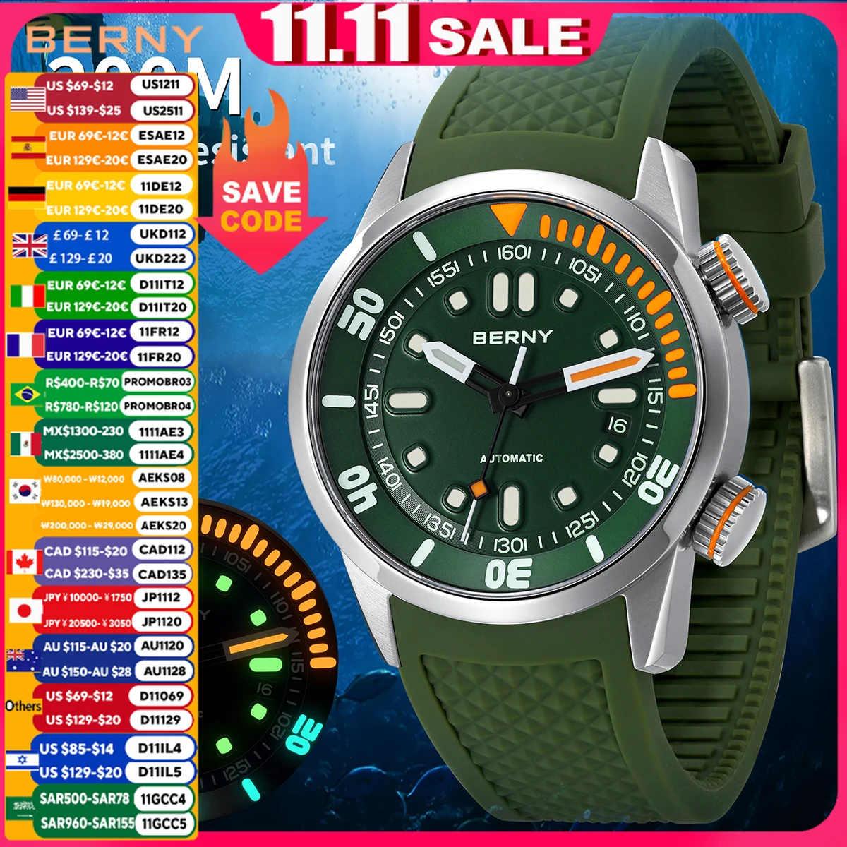 BERNY Automatic Dive Watch for Men Super Luminous Original Design 20ATM Man Wristwatch Sapphire Swim Sport Mechanical Male Watch