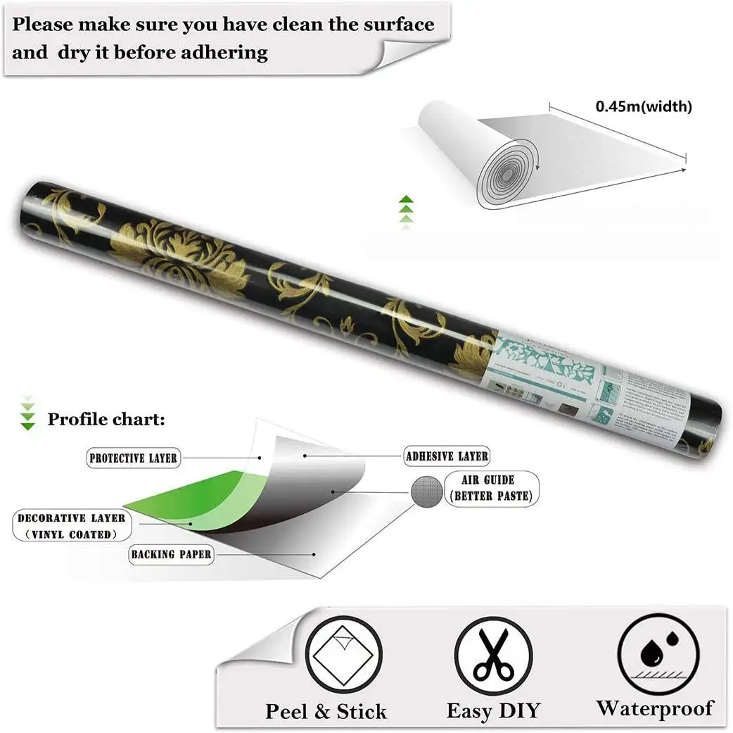 Damask Peel และ Stick วอลล์เปเปอร์สีดําทอง Pre-Pasted กระดาษติดต่อแบบถอดได้ไวนิล Self-Adhesive สติกเกอร์เฟอร์นิเจอร์สําหรับ Home