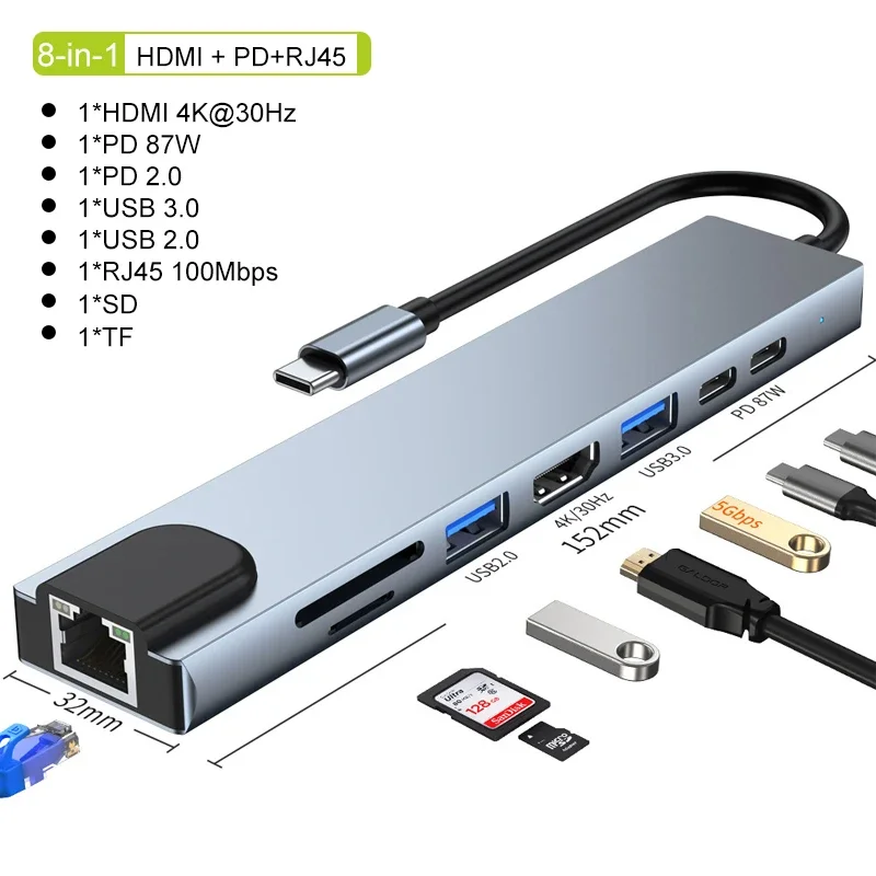 Adaptador Usb 8 en 1 tipo C 3 1 a 4k HdTV Hub con lector de tarjetas Sd Tf Rj45 Pd carga rápida para Macbook Notebook ordenador