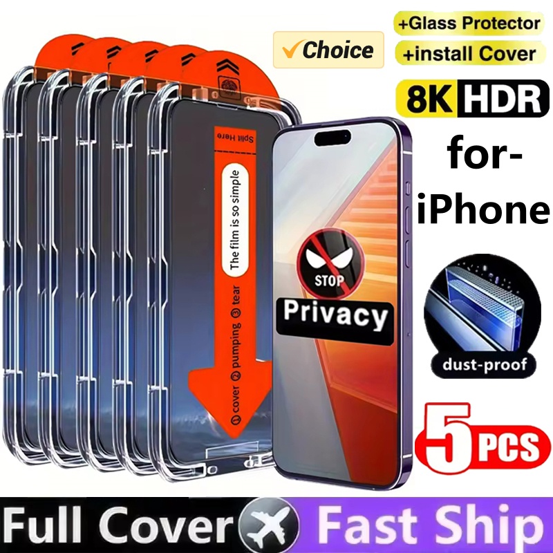 Protector de pantalla de privacidad de instalación sin polvo con revestimiento oleofóbico para iPhone 13 11 12 14 15 16 Pro Max XS X XR 14 15 Plus vidrio