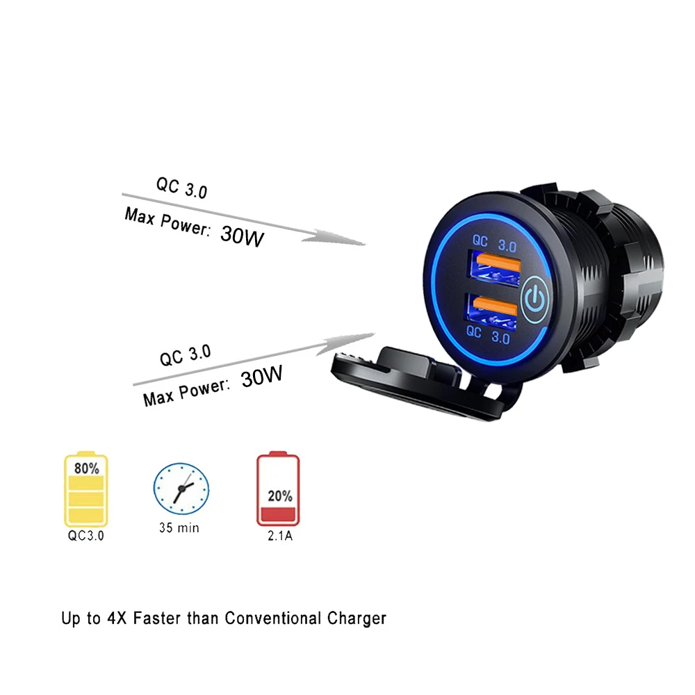 Cargador de coche rápido USB Dual Quick Charge 3,0, toma de corriente de 60W resistente al agua de 12V/24V con Interruptor táctil y luz Led resistente al agua