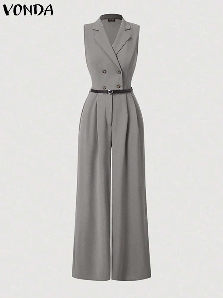 VONDA Frauen Overalls 2024, ärmellose Playsuits, elegante einfarbige Strampler, lässiger Reverskragen, weites Bein, Übergröße