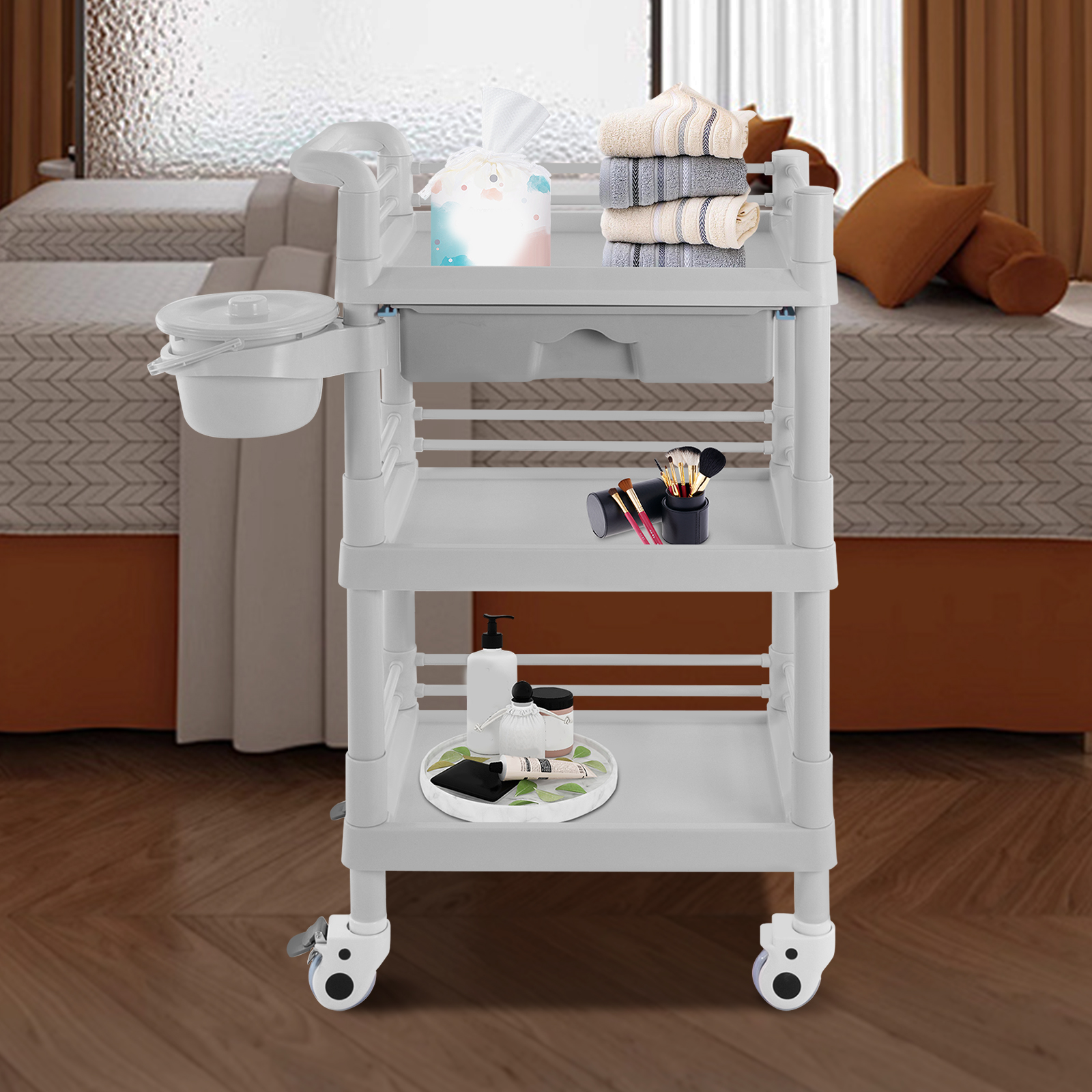 3-tier Beauty Trolley Salon Trolley With Drawer And Waste Bin For Barber Shops, Beauty Shops, Pet Shops 54*37*98cm