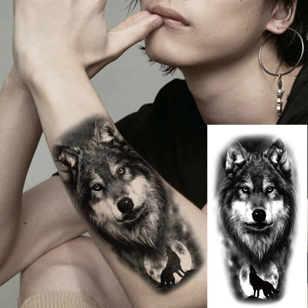 Wasserdicht Temporäre Tätowierung Aufkleber Schwarz Mond Wolf Totem Realistische Tier Körper Kunst Arm Gefälschte Tattoos Hülse Frauen Männer Bein Taille