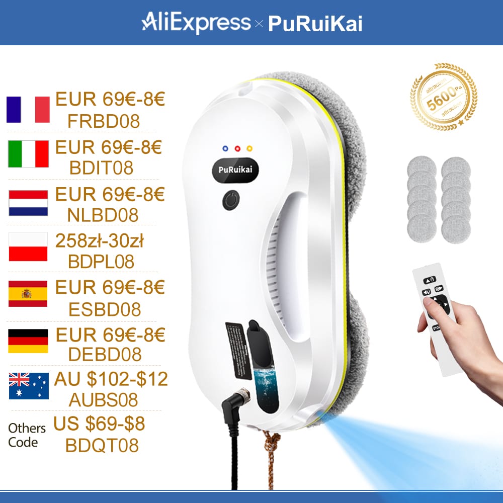 PuRuiKai 2025 Limpiador de ventanas robótico: sin rayas alimentado por IA para puertas/pasos de vidrio/patio Ultra silencioso y control remoto PRK-309