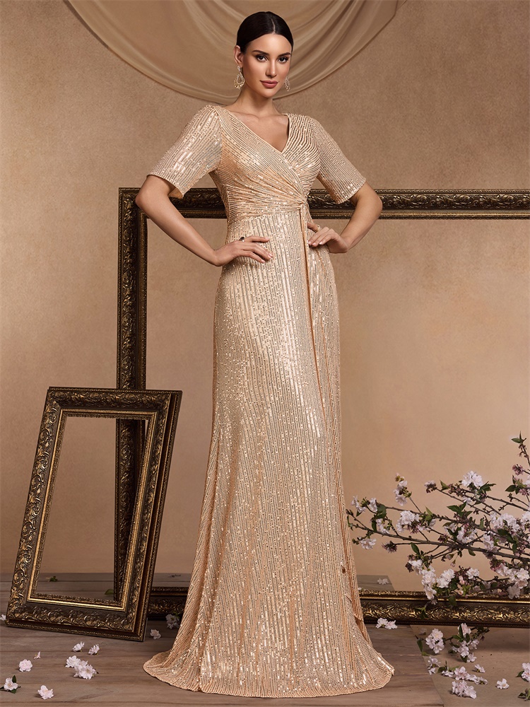 Lucyinlove Luxury Floor Length V-Neck Evening Dress 2024 Women Elegant Party Maxi Dress Sequin Short Sleeves Prom Cocktail Dress