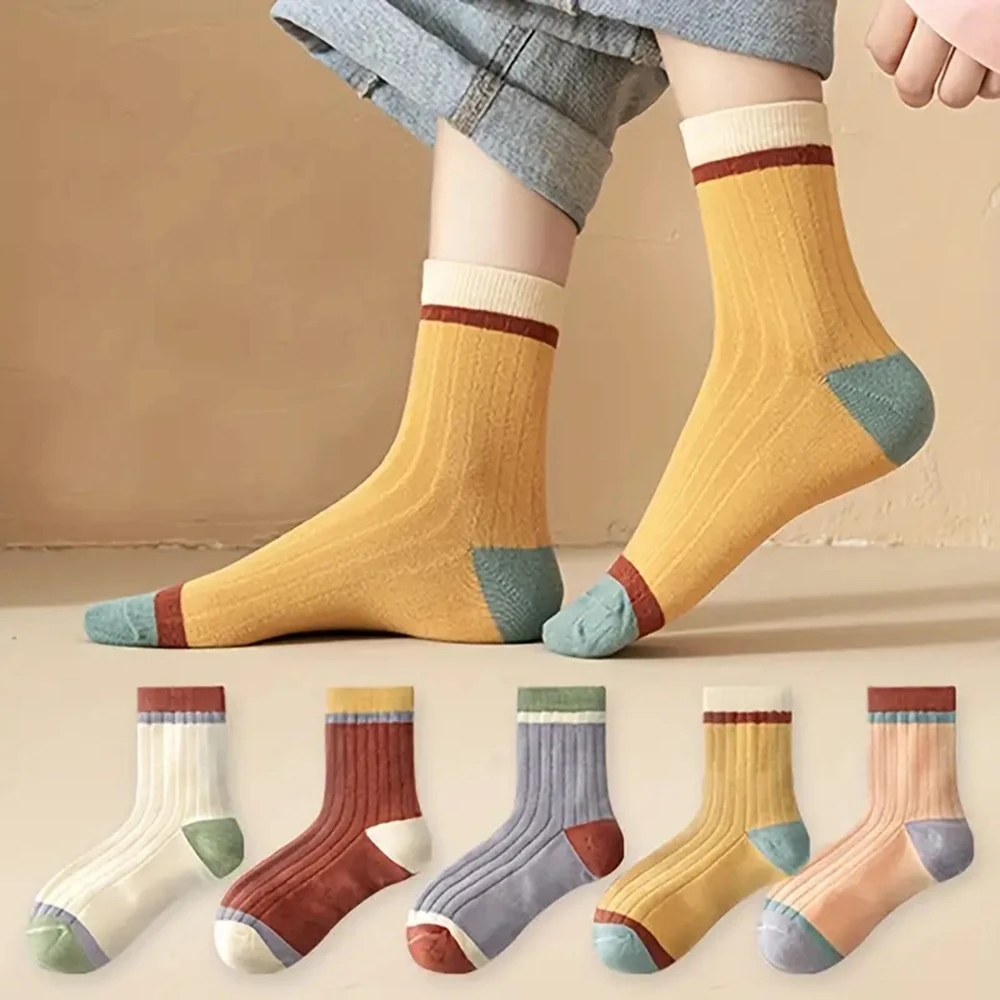 5/10/20/30 pares de calcetines de mujer con franjas de Color caramelo lindos calcetines Kawaii de longitud media Harajuku Otoño e Invierno calcetines suaves transpirables