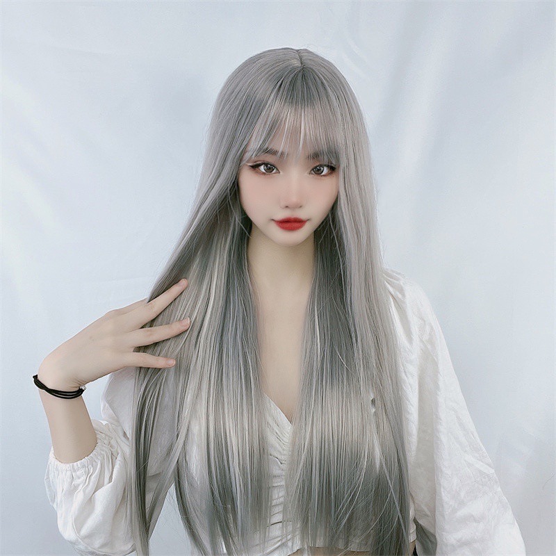 Graue Pony-Perücke mit langem glattem Haar, universelle Cos-Perücke mit langem Haarimitat, Damenperücke
