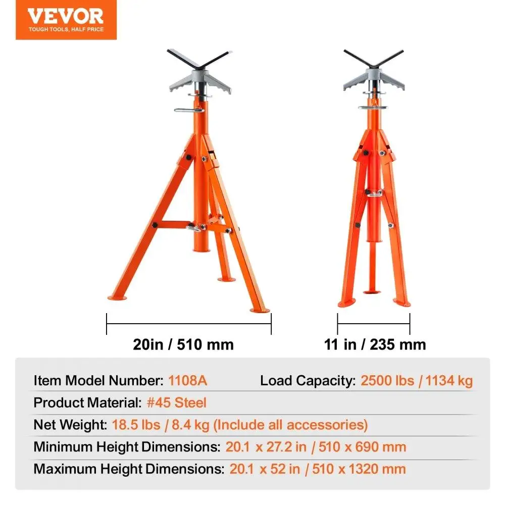 Heavy Duty Pipe Stand 2500LBS Adjustable Height 27.2 to 52 VHead 45# Steel Folding Jack Stand for 1 /2 to for 1 2 Pipes