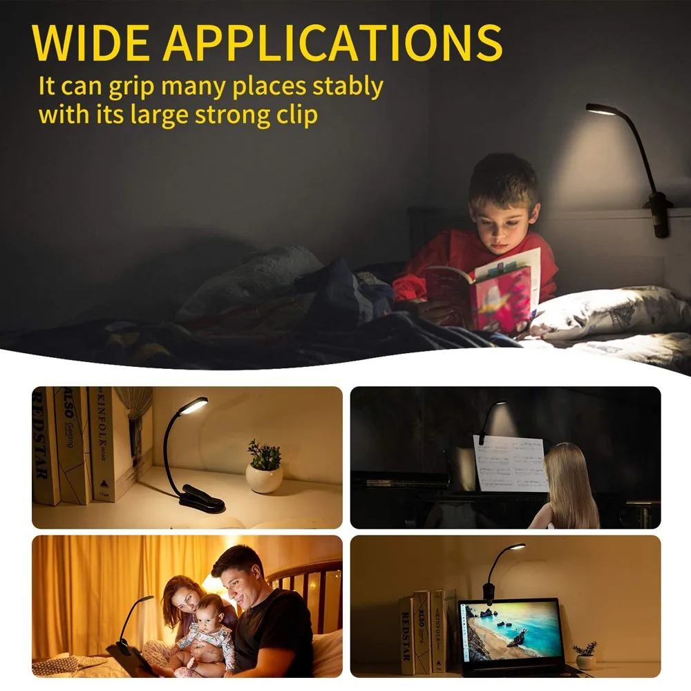 LED Book Light USB Rechargeable Reading Light 3-Level Warm Cool White Daylight Portable Flexible Easy Clip Night Reading Lamp