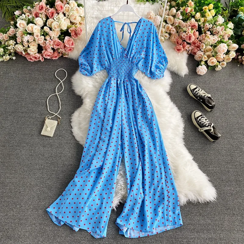 V-Hals Sexy Dolman Mouwen Taille Slanke Polka Dot Print Jumpsuit Vrouwen Wijde Pijpen Broek Jumpsuit