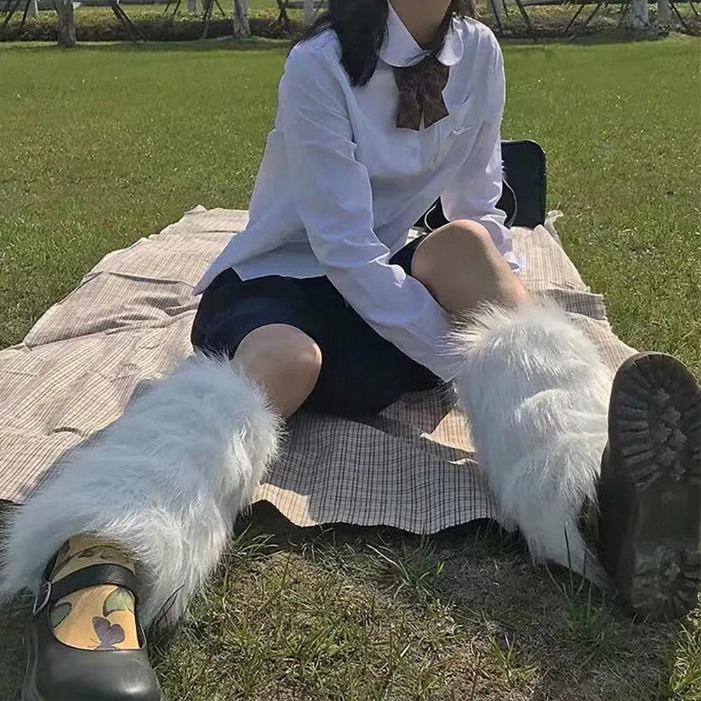 Aquecedores de pernas felpudos femininos na altura do joelho aquecedores de pernas de pele sintética botas longas de inverno sapatos capa de punho para meninas festa de rua uso diário