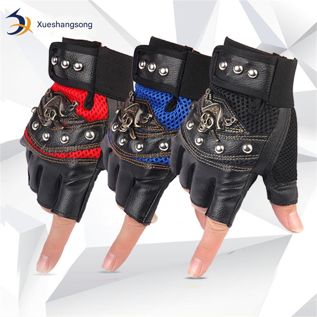 Luvas sem dedos de couro PU, luvas de rebite de caveira masculina e feminina, capitão pirata, luvas de fitness hip-hop, motocicleta ha