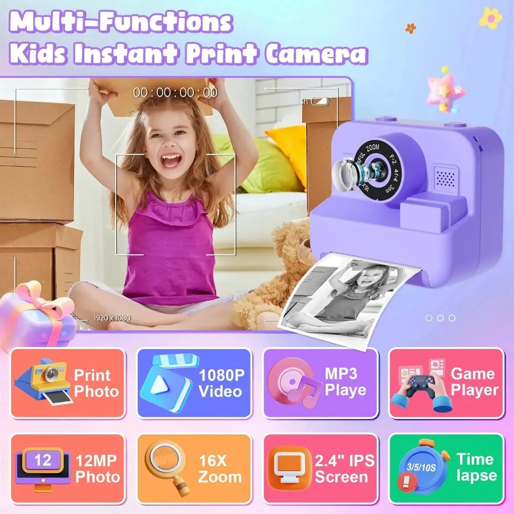 Cámara educativa de impresión instantánea térmica con tarjeta de 32G, Mini cámara de vídeo Digital para niños de 1080P para el desarrollo de aprendizaje de los niños