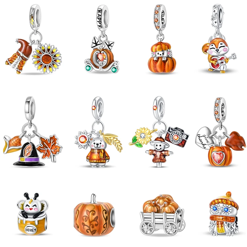 Autumn Harvest Series 925 เงินสเตอร์ลิงกระรอก Maple Leaf ฟักทอง Charms จี้ Fit Pandora สร้อยข้อมือเดิม DIY เครื่องประดับ