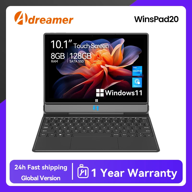 Adreamer Windows Tablet com teclado 8GB 128GB 4000mAh 2 em 1 PC barato 10 Polegada Tablet Windows 11 Intel J4125 2.4G/5G WiFi