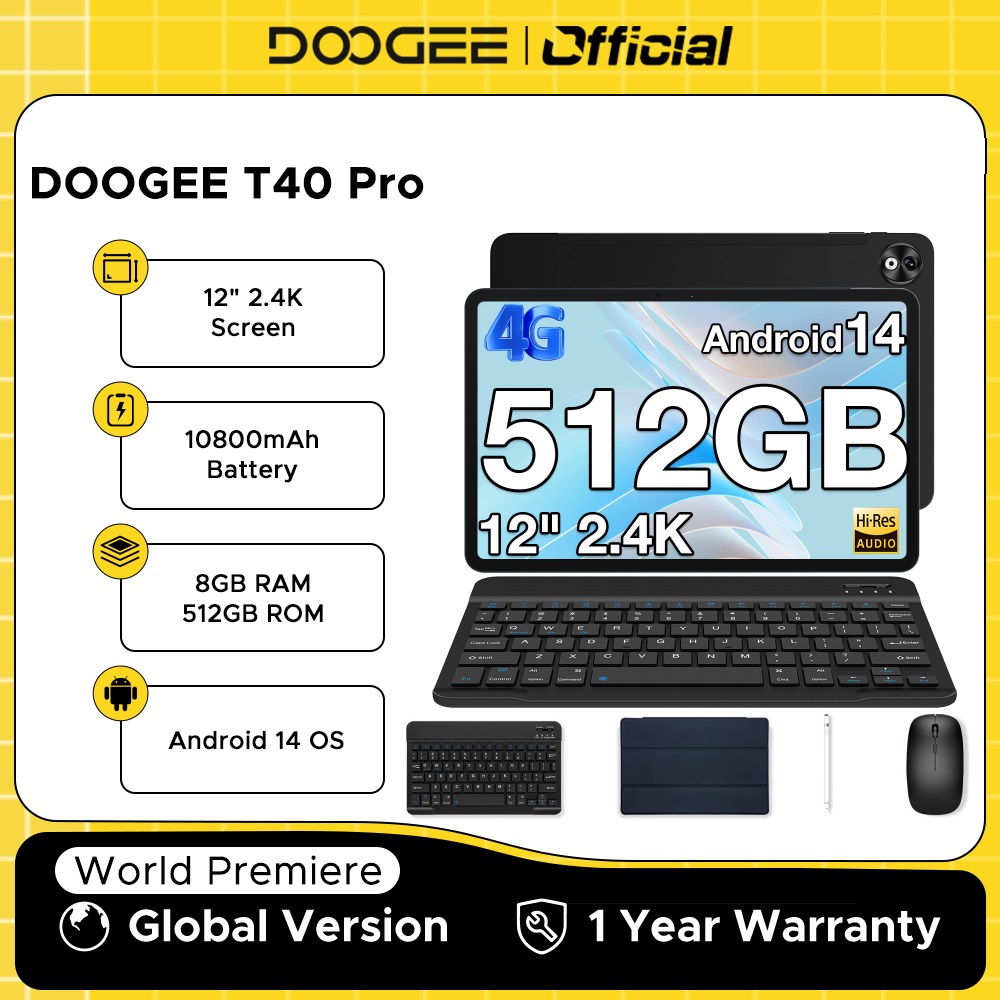 Global Version DOOGEE T40 Pro 2 in 1 Tablet PC Android 14 12" IPS 2.4K 20GB(8+12) 512GB Helio G99 6nm 10800mAh 7.6mm ultra-thin