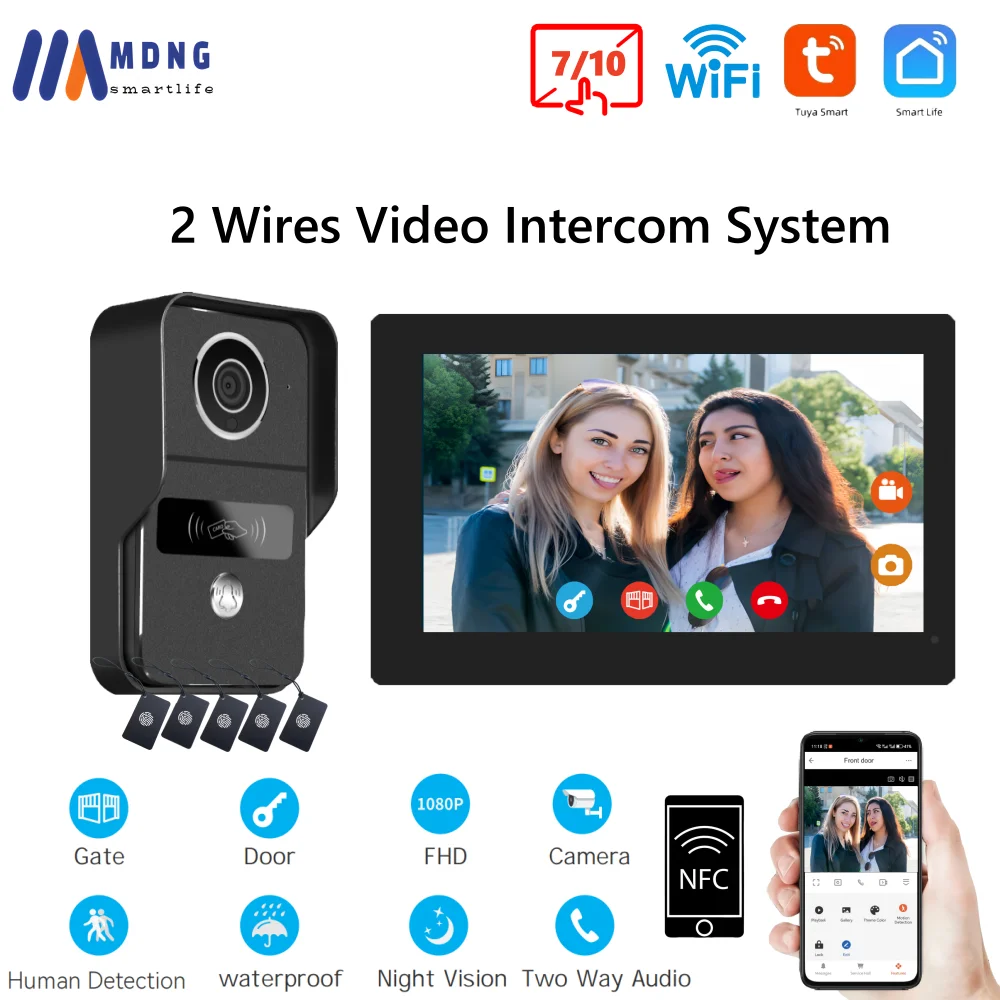Умная камера дверного звонка 1080P Tuya, домашний видеодомофон, Wi-Fi, 2 провода, 7/10 дюймов, беспроводная видеодомофонная система, разблокировка 5 в 1, NFC