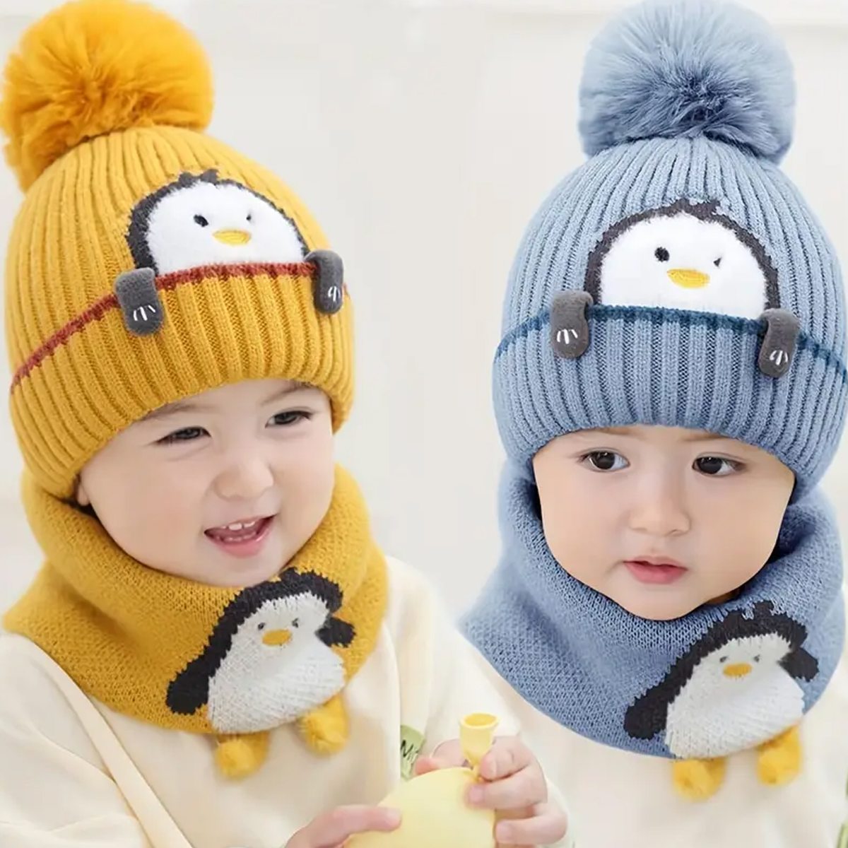 Adorable Penguin Kids Hat Scarf Set Thick Knitted Cap with Earflaps for Baby Boys Girls in Winter