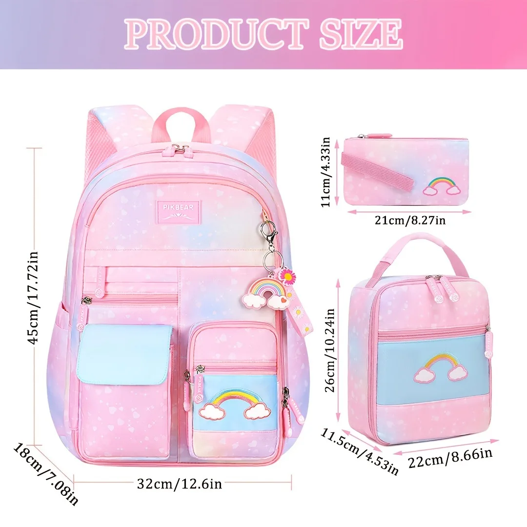 Set di zaini scolastici da 3 pezzi con ricamo arcobaleno Borse da scuola per bambini con gradiente elementare impermeabili in nylon di alta qualità
