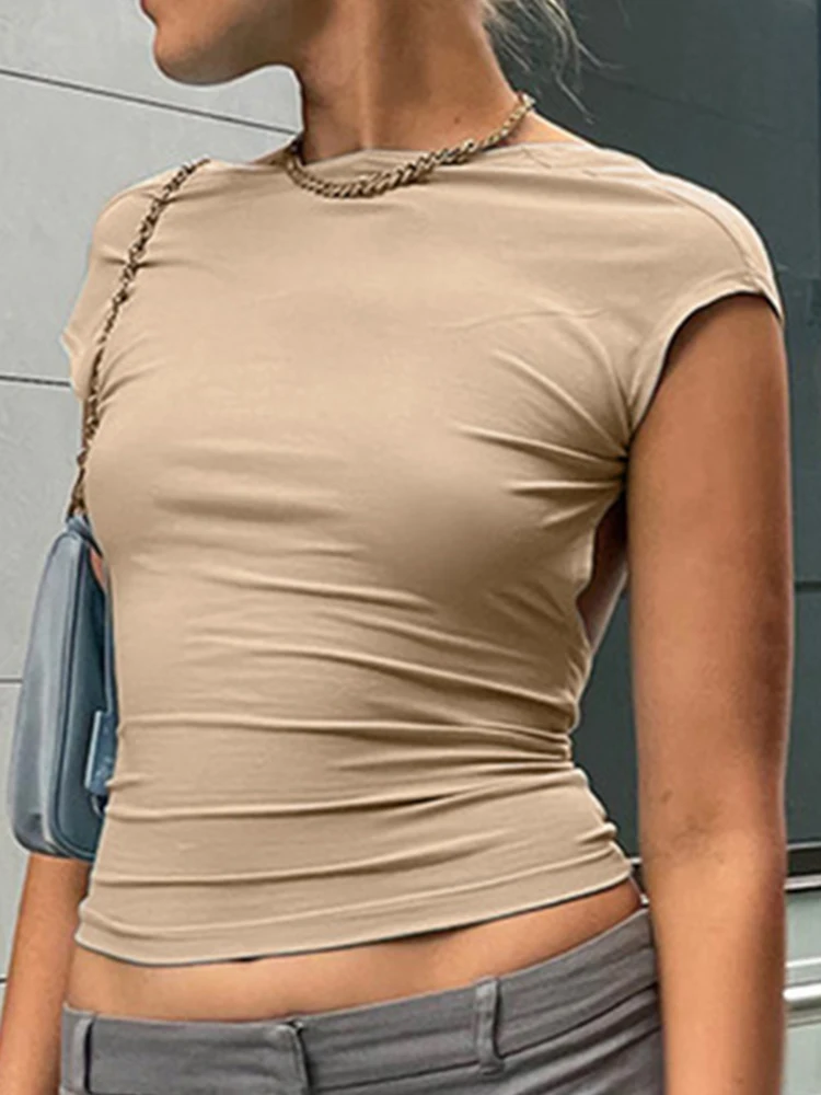 女性用半袖ホルタートップ,スリムカット,カットアウト,セクシーTシャツ,マルチスリム方法,ベーシック,夏