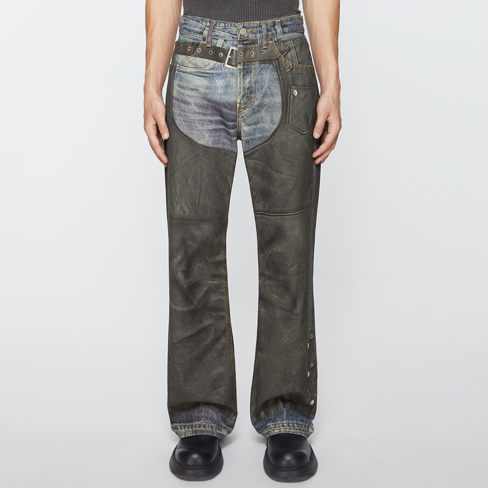 High Street Pu-Leder Patchwork Baggy-Jeanshose für Männer und Frauen, seitliche Knöpfe, gerade, lässige, lockere Denim-Hose, Übergröße