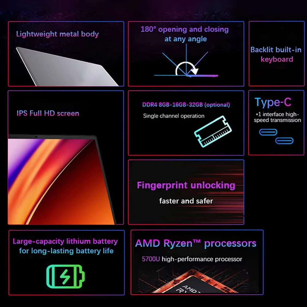 FW-S9 Gaming Laptop 15.6 Inch AMD R7 5700U Laptop 32GB DDR4 M.2 2TB SSD Windows 11 Backlit Keyboard Fingerprint Unlock Computer