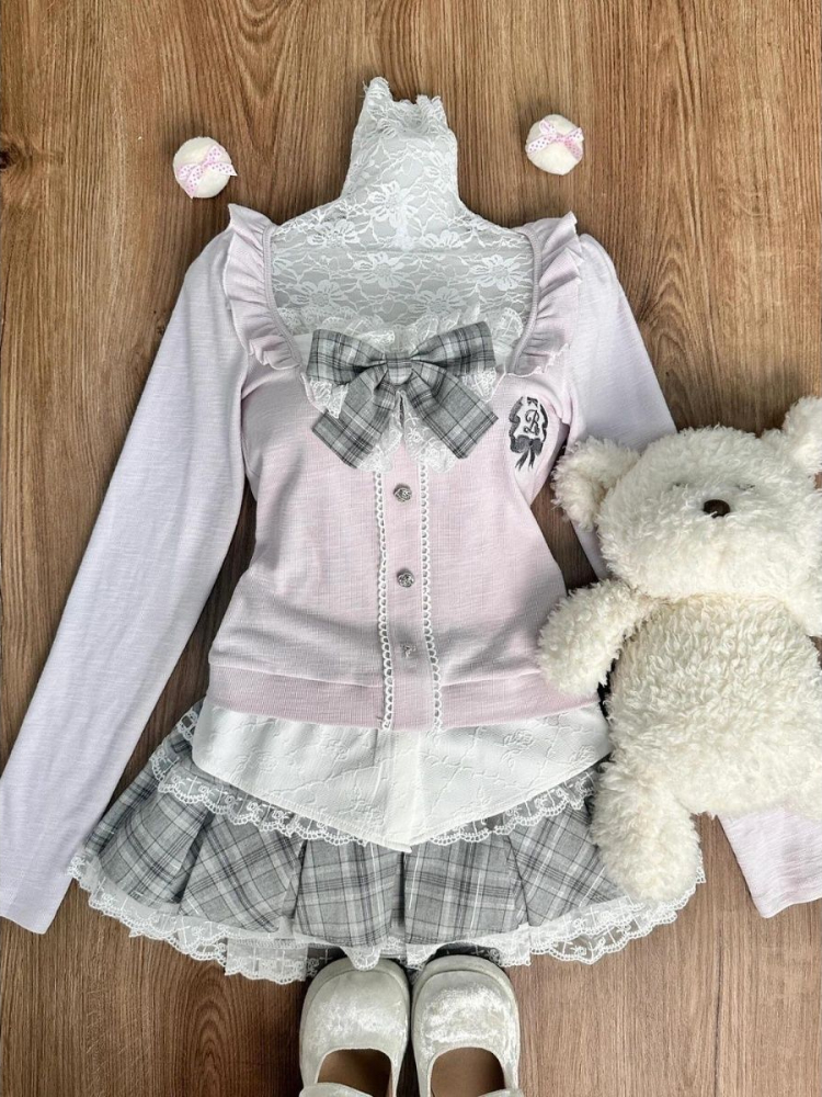 秋冬シックな固体 2 点セット女性の韓国のファッション長袖スリムスクエアネックトップス + 弾性ウエストチェック柄スカートスーツ新