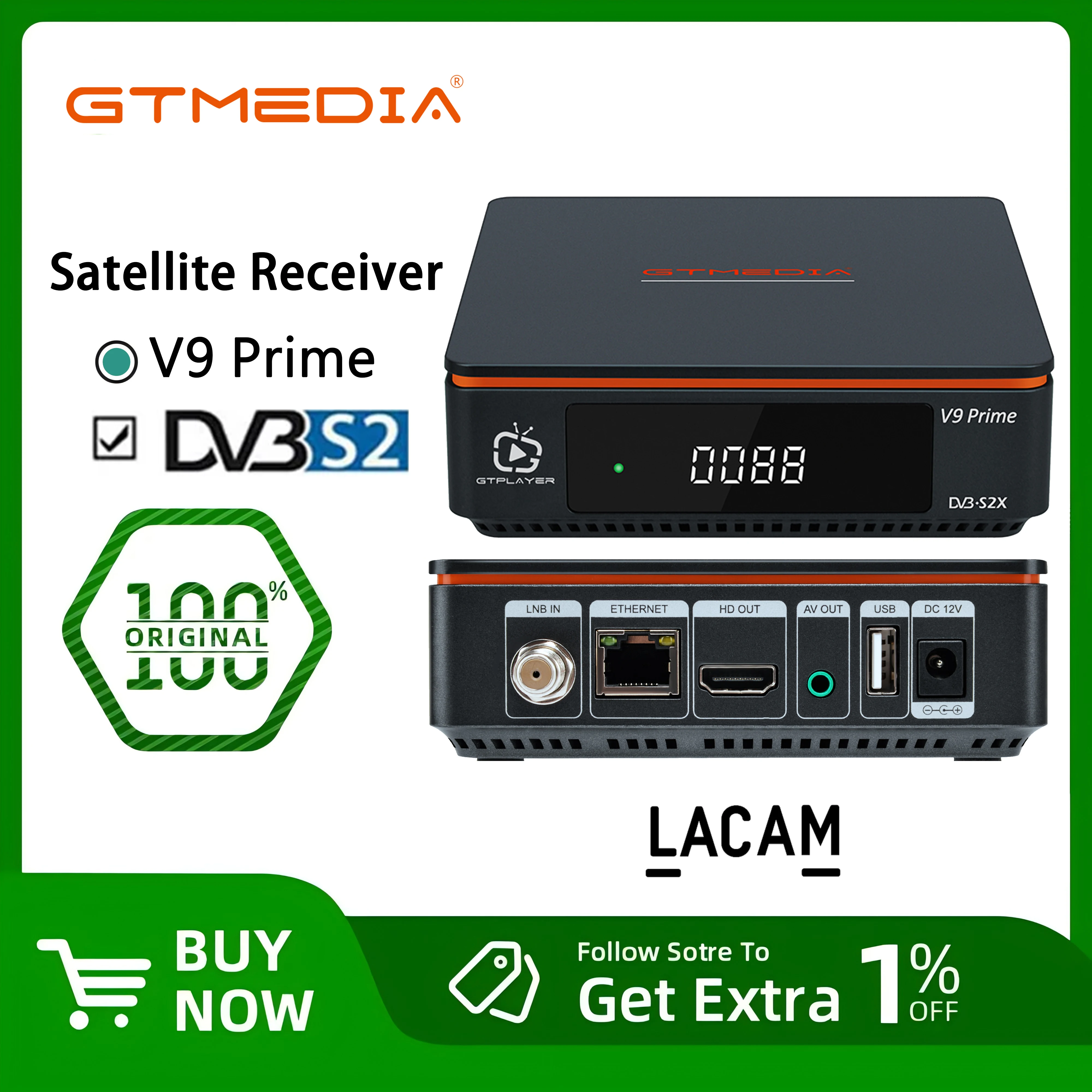 Receptor de satélite GTMEDIA V9 Prime DVB-S/S2/S2X 2,4G WIFI LACAM compatible con decodificador de satélite Claro 61W de 70W bueno para chile, peru